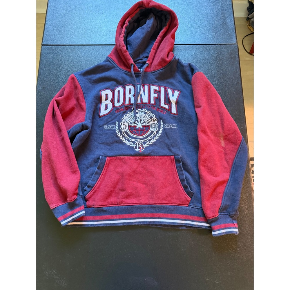 Born Fly Mens Hoodie Navy Blue Red Colorblock Embroidered Logo Sweatshirt Small